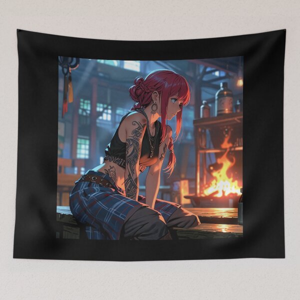 Item preview,  Beautiful red haired Tattooed Anime Manga Girl in sleeveless top designed and sold by Vintage Designs +.