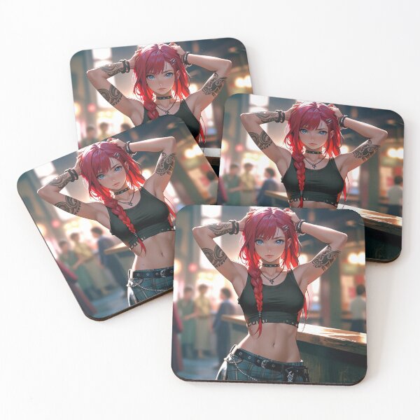 Item preview, Beautiful red haired Tattooed Anime Manga Girl in sleeveless top designed and sold by Vintage Designs +.