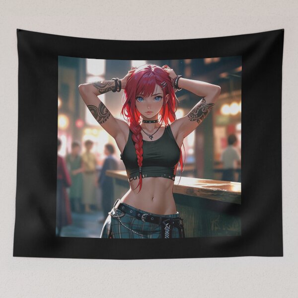 Item preview, Beautiful red haired Tattooed Anime Manga Girl in sleeveless top designed and sold by Vintage Designs +.