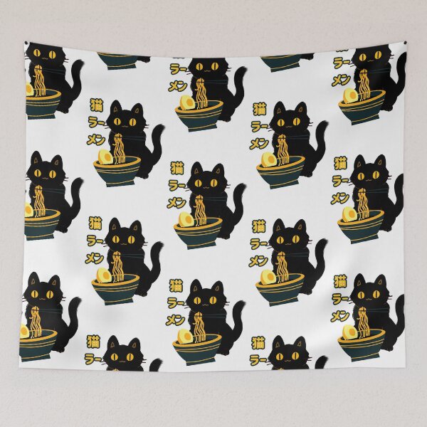 Item preview, Japanese black cat ramen funny cat eat noodles designed and sold by Wallart craft.
