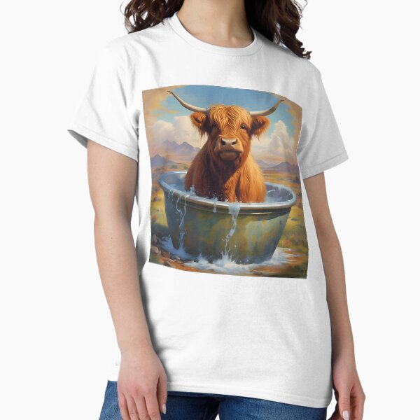 Vista previa del artículo con la obra «Lienzo decorativo para pared con vaca de las Tierras Altas en la bañera, bonito estampado de animales de granja», diseñado y vendido por allyourmerch.