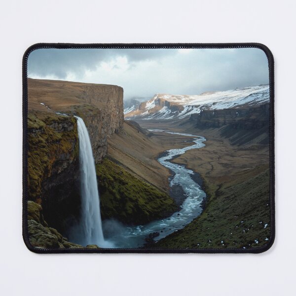 Item preview, Majestic Waterfall in Iceland with Snowy Peaks and River designed and sold by regnumsaturni.