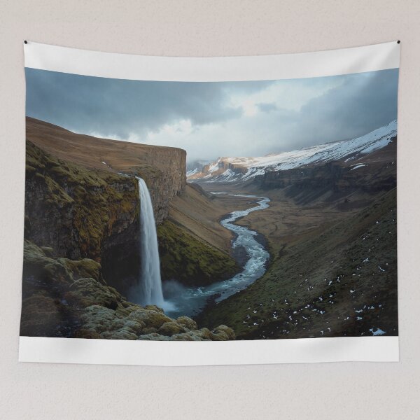 Item preview, Majestic Waterfall in Iceland with Snowy Peaks and River designed and sold by regnumsaturni.