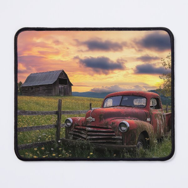 Item preview, A Barn and abandoned truck in fields of flowers at sunrise - Landscape photo designed and sold by TheArtistOf2022.