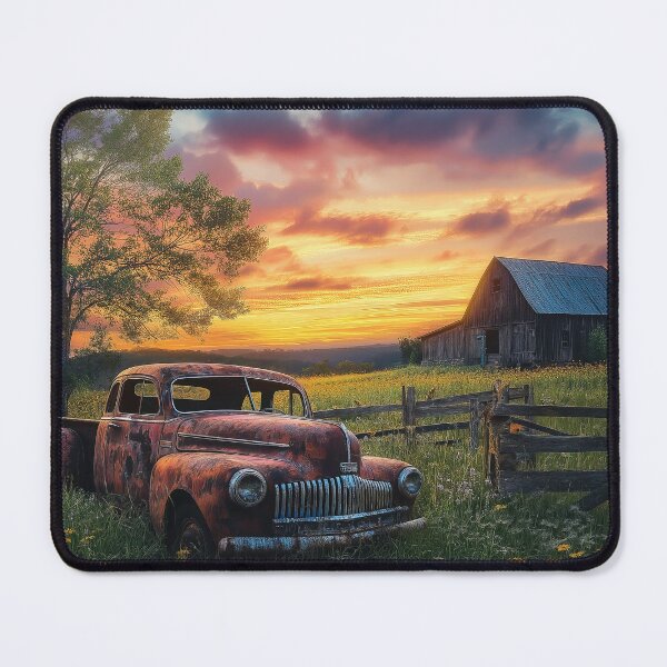 Item preview, Barn and abandoned truck in fields of flowers at sunrise - Landscape photo designed and sold by TheArtistOf2022.