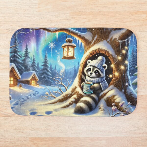 Item preview, Raccoon Drinking Hot Chocolate in a Snowy Forest designed and sold by pawspower.