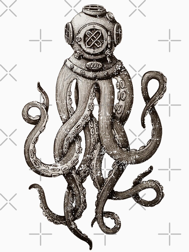Imagen 3 de 3, Camiseta ¾ estilo béisbol con la obra Strange Vintage SCUBA Diving Octopus Kraken Camisetas y regalos, diseñada y vendida por manbird.
