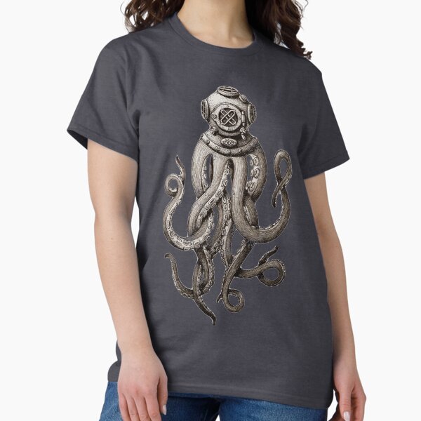 Vista previa del artículo con la obra «Strange Vintage SCUBA Diving Octopus Kraken Camisetas y regalos», diseñado y vendido por Robert Diebold.