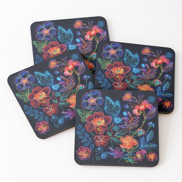 Item preview, Black neon colorful floral pattern - whimsigoth dark cottagecore  designed and sold by cocomelon168.