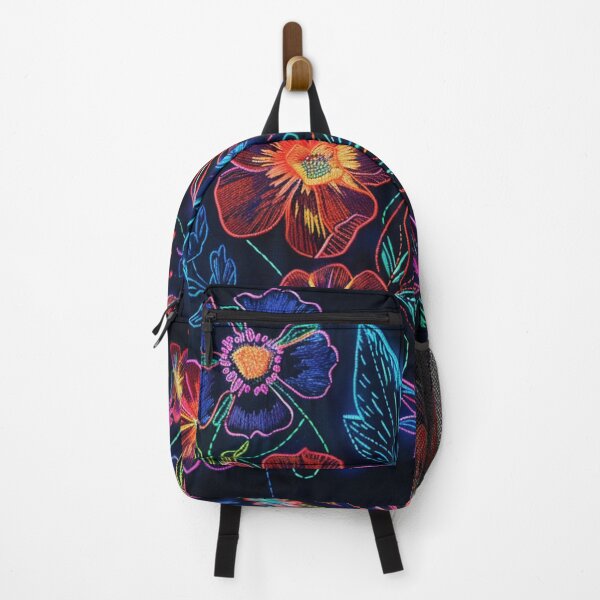 Item preview, Black neon colorful floral pattern - whimsigoth dark cottagecore designed and sold by cocomelon168.
