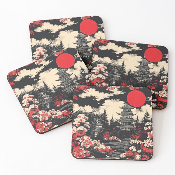 Item preview, Vintage Japanese Tower Red White Black Collage Pattern designed and sold by GrinGalore.