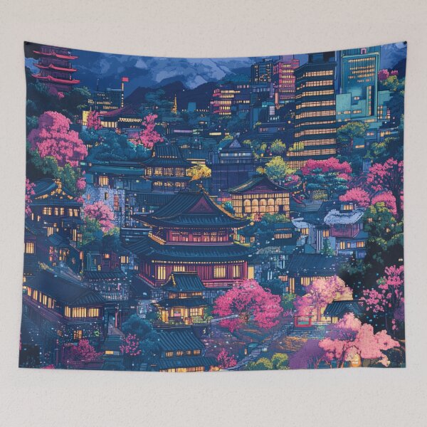 Item preview, Retro Modern Japan Pixel Art Collage Pattern designed and sold by GrinGalore.