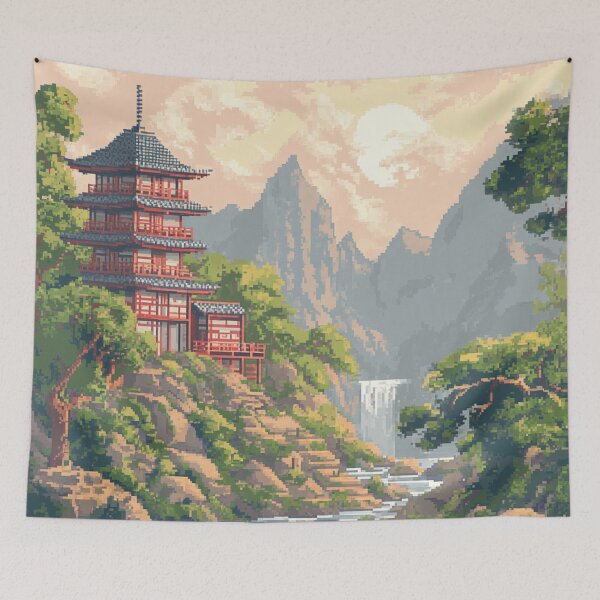 Item preview, Japan Pixel Art Ancient Temple Pattern designed and sold by GrinGalore.