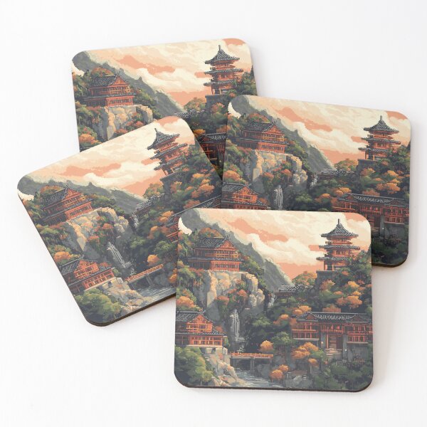 Item preview, Japan Pixel Art Ancient Mountain Temple Pattern designed and sold by GrinGalore.