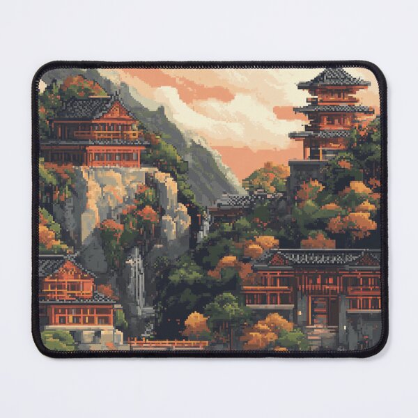 Item preview, Japan Pixel Art Ancient Mountain Temple Pattern designed and sold by GrinGalore.