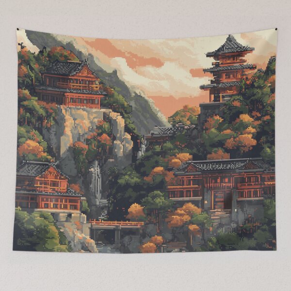 Item preview, Japan Pixel Art Ancient Mountain Temple Pattern designed and sold by GrinGalore.