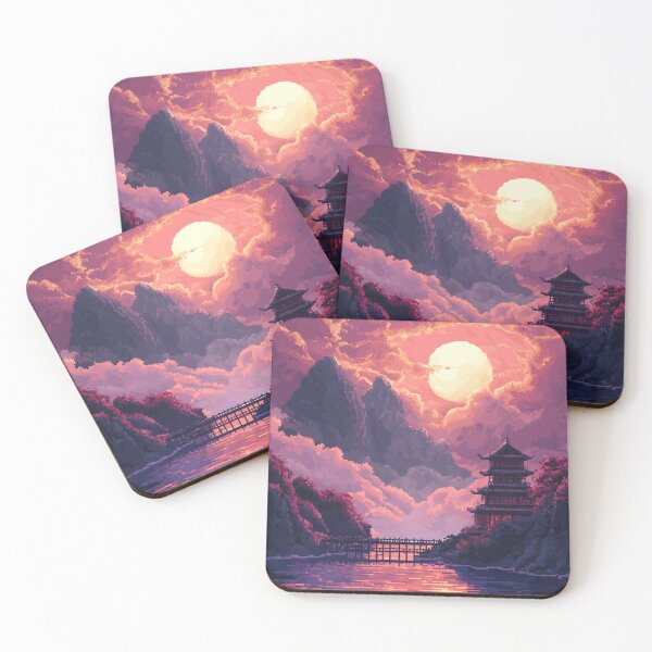 Item preview, Celestial Japan Pixel Art Ancient Temple Pattern designed and sold by GrinGalore.