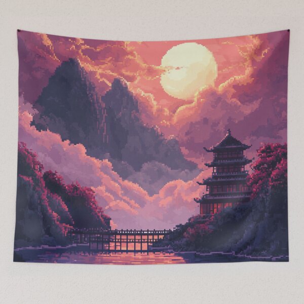 Item preview, Celestial Japan Pixel Art Ancient Temple Pattern designed and sold by GrinGalore.