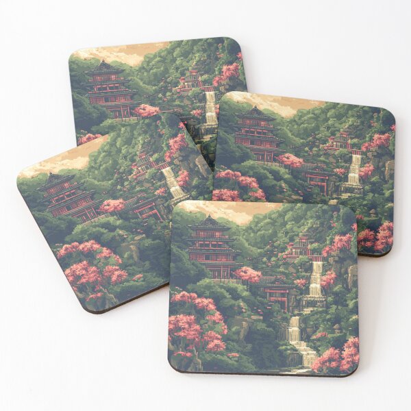 Item preview, Japan Pixel Art Ancient Temple Mountain River Pattern designed and sold by GrinGalore.