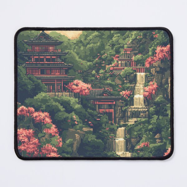 Item preview, Japan Pixel Art Ancient Temple Mountain River Pattern designed and sold by GrinGalore.