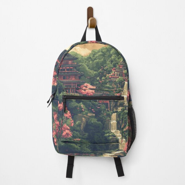 Item preview, Japan Pixel Art Ancient Temple Mountain River Pattern designed and sold by GrinGalore.