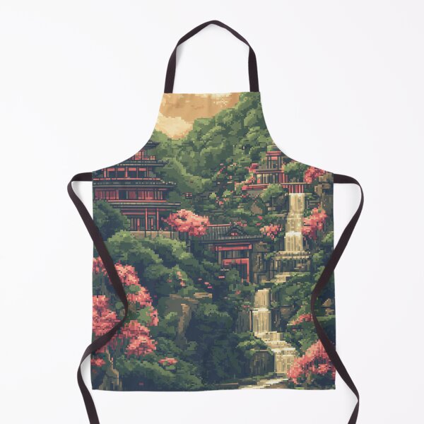 Item preview, Japan Pixel Art Ancient Temple Mountain River Pattern designed and sold by GrinGalore.