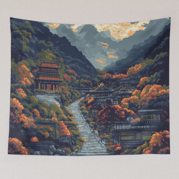 Item preview, Japan Pixel Art Ancient Temple Mountain Stairs Pattern designed and sold by GrinGalore.