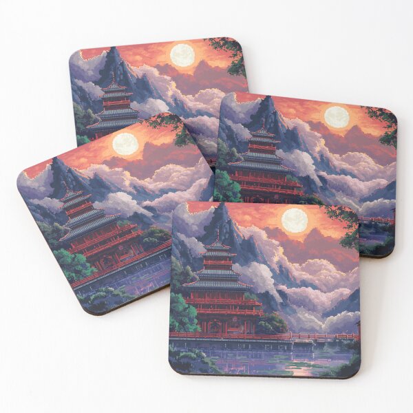 Item preview, Japan Pixel Art Ancient Temple Mountain Lake Pattern designed and sold by GrinGalore.
