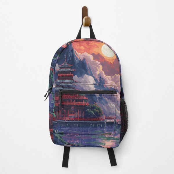 Item preview, Japan Pixel Art Ancient Temple Mountain Lake Pattern designed and sold by GrinGalore.