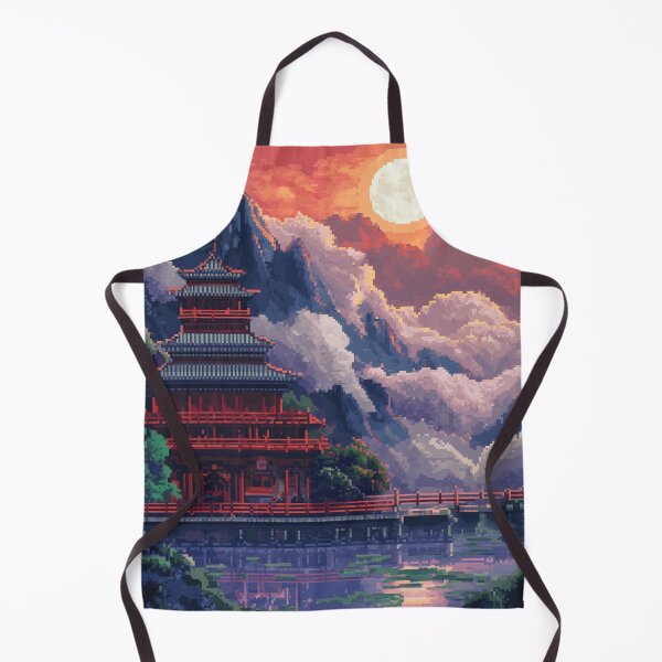 Item preview, Japan Pixel Art Ancient Temple Mountain Lake Pattern designed and sold by GrinGalore.