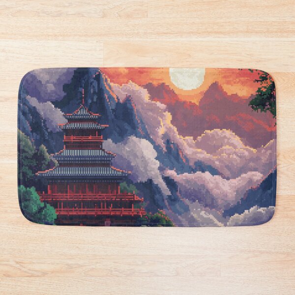 Item preview, Japan Pixel Art Ancient Temple Mountain Lake Pattern designed and sold by GrinGalore.