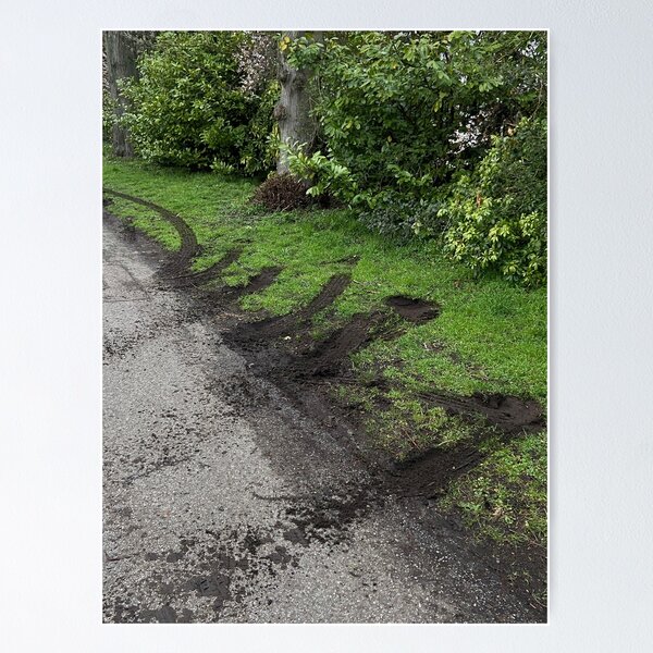 grass verge zig-zagged with soft, muddy tire tracks Poster