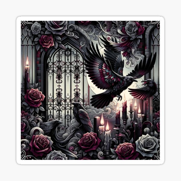 Item preview, Gothic Ravens in a Rose-Adorned Candlelit Scene designed and sold by TeslaSt0re.