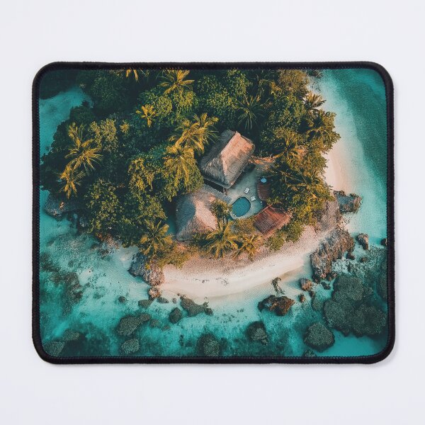 Item preview, Tropical island with palm trees drone photo and cabin - Landscape photography designed and sold by TheArtistOf2022.