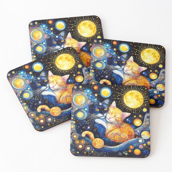 Item preview, Cats embrace in Klimt style - black and a red cats love under celestial sky designed and sold by EmeraldeaArt.