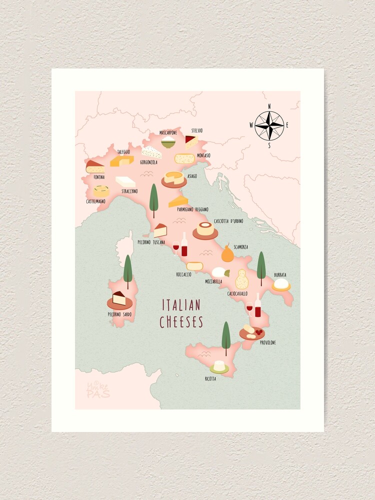 Thumbnail 1 of 3, Art Print, Illustrated map of Italian cheeses designed and sold by ymkesinfogr.