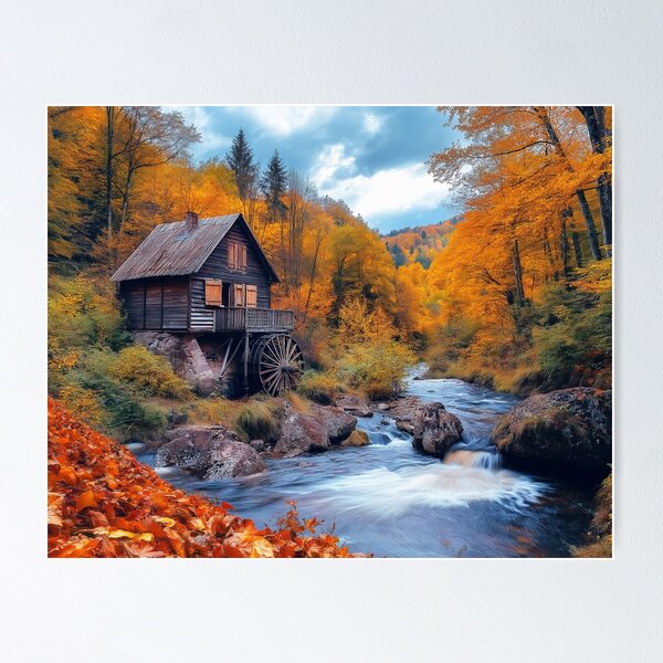 Item preview, A Watermill in Autumn forest with rivers - Landscape photo designed and sold by TheArtistOf2022.