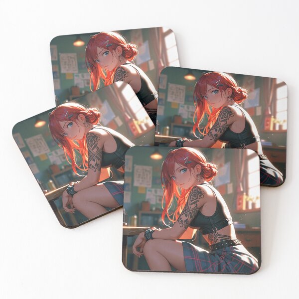 Item preview,  Beautiful red haired Tattooed Anime Manga Girl in sleeveless top designed and sold by Vintage Designs +.