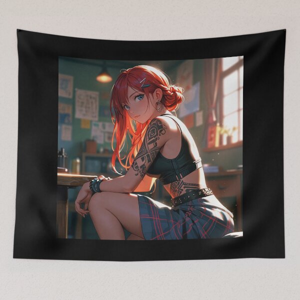 Item preview,  Beautiful red haired Tattooed Anime Manga Girl in sleeveless top designed and sold by Vintage Designs +.