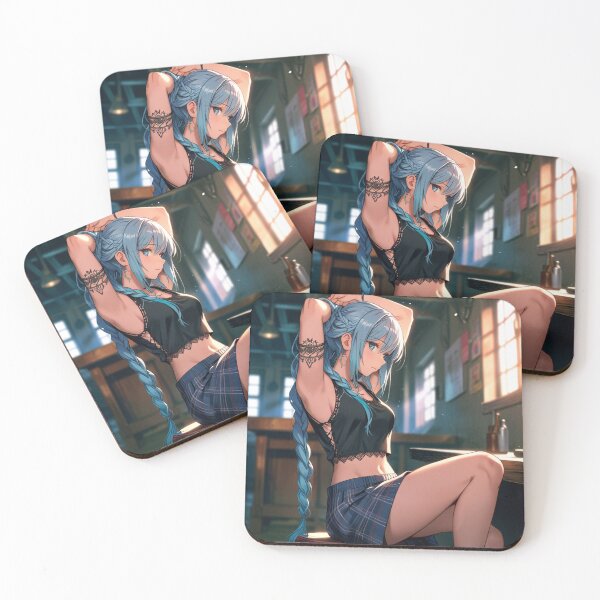 Item preview, Beautiful blue haired Tattooed Anime Manga Girl in sleeveless top designed and sold by Vintage Designs +.