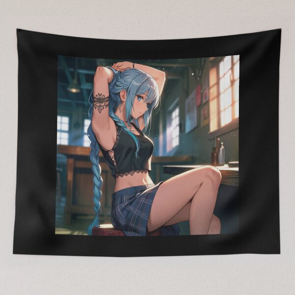 Item preview, Beautiful blue haired Tattooed Anime Manga Girl in sleeveless top designed and sold by Vintage Designs +.