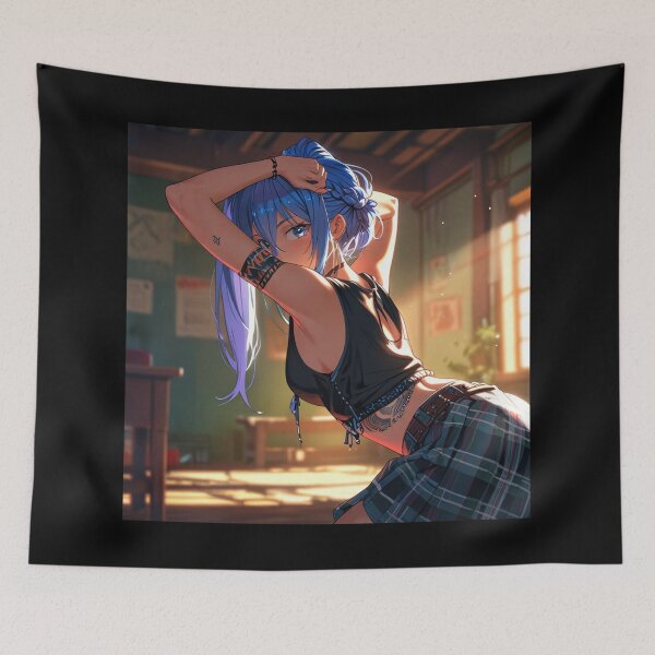 Item preview, Beautiful blue haired Tattooed Anime Manga Girl in sleeveless top designed and sold by Vintage Designs +.