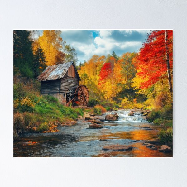 Item preview, A Watermill in Autumn forest with river - Landscape photo designed and sold by TheArtistOf2022.