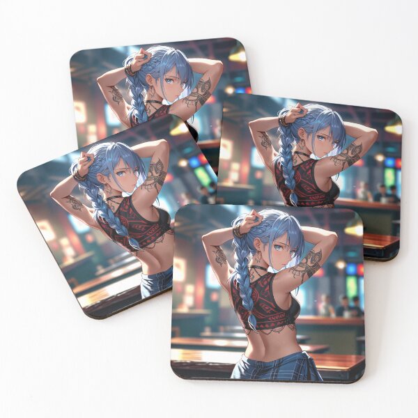 Item preview, Beautiful blue haired Tattooed Anime Manga Girl in sleeveless top designed and sold by Vintage Designs +.