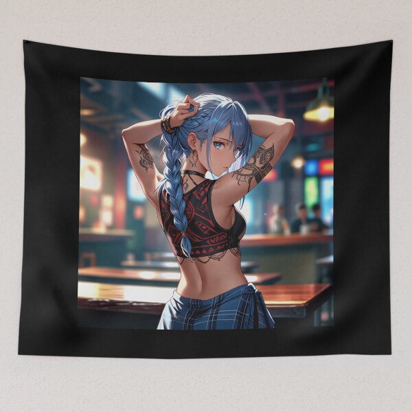 Item preview, Beautiful blue haired Tattooed Anime Manga Girl in sleeveless top designed and sold by Vintage Designs +.