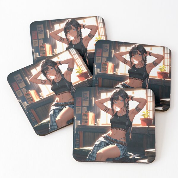 Item preview,  Beautiful dark haired Tattooed Anime Manga Girl in sleeveless top designed and sold by Vintage Designs +.