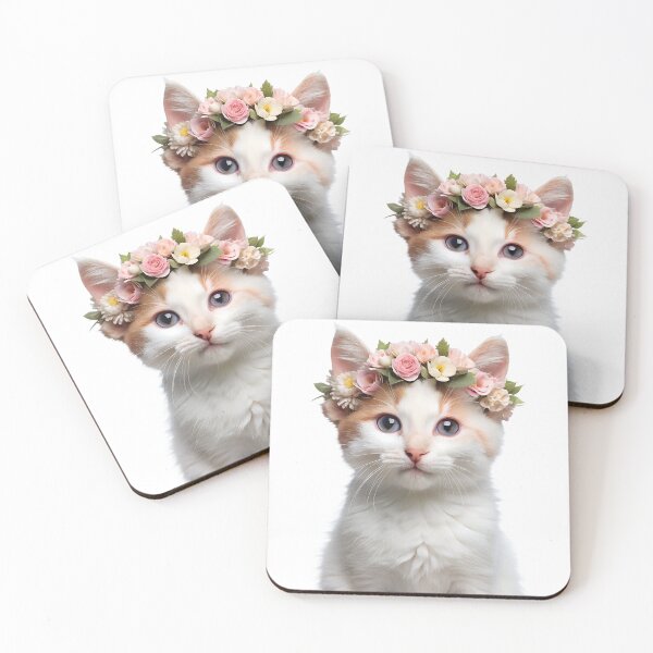 Item preview, Turkish Van Kitten wearing floral crown designed and sold by LazyOwlStore.