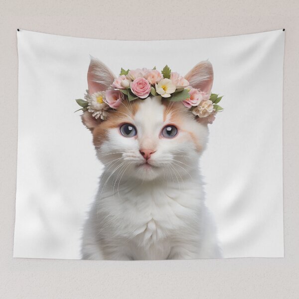 Item preview, Turkish Van Kitten wearing floral crown designed and sold by LazyOwlStore.