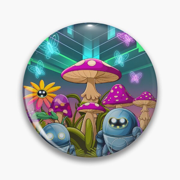 Item preview,  Cute Robots Exploring Mushroom Wonderland Illustration Art designed and sold by ART ATTACK ZONE.