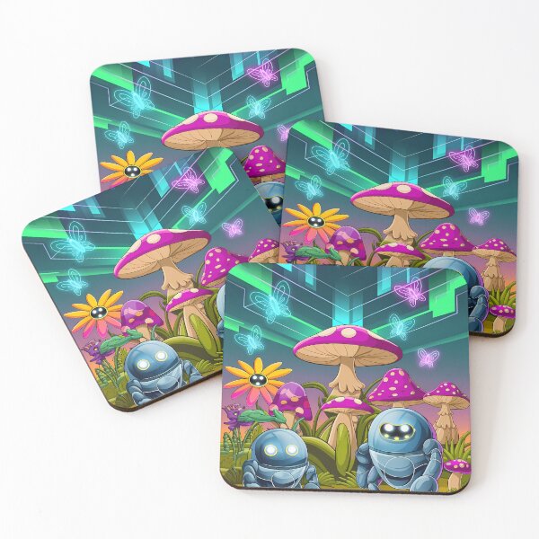 Item preview,  Cute Robots Exploring Mushroom Wonderland Illustration Art designed and sold by ART ATTACK ZONE.